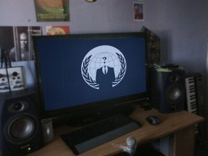 Computer monitor with "Anonymous" logo